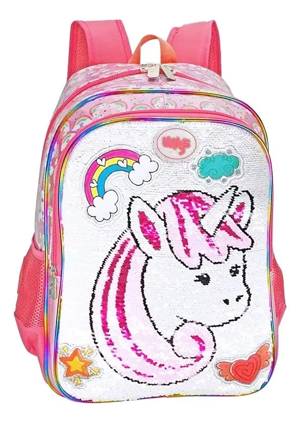 Mochila Y Lonchera Unicornio Arcoiris Lentejuela Wilys Blanco Rosa Lentejuela Reversible