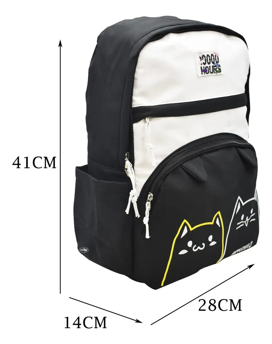 Mochila Para Laptop Gato 10000 Hours Negra Primaria Negro Bordado