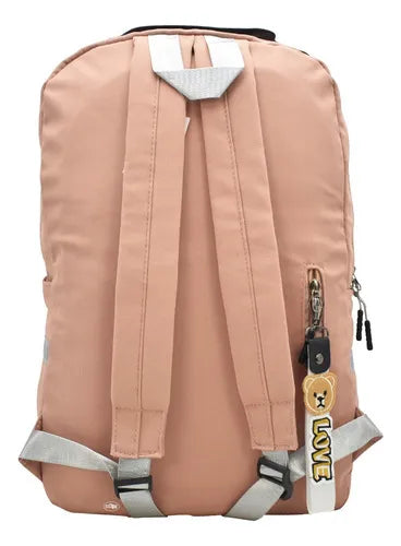 Mochila Escolar Lluvia Love Mapache Coral 19L Bordada Infantil