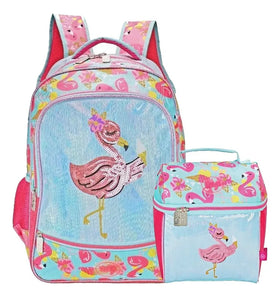 Mochila Y Lonchera Flamingo Primaria Lentejuela Wilys Azul/rosa Lentejuela, Estampado