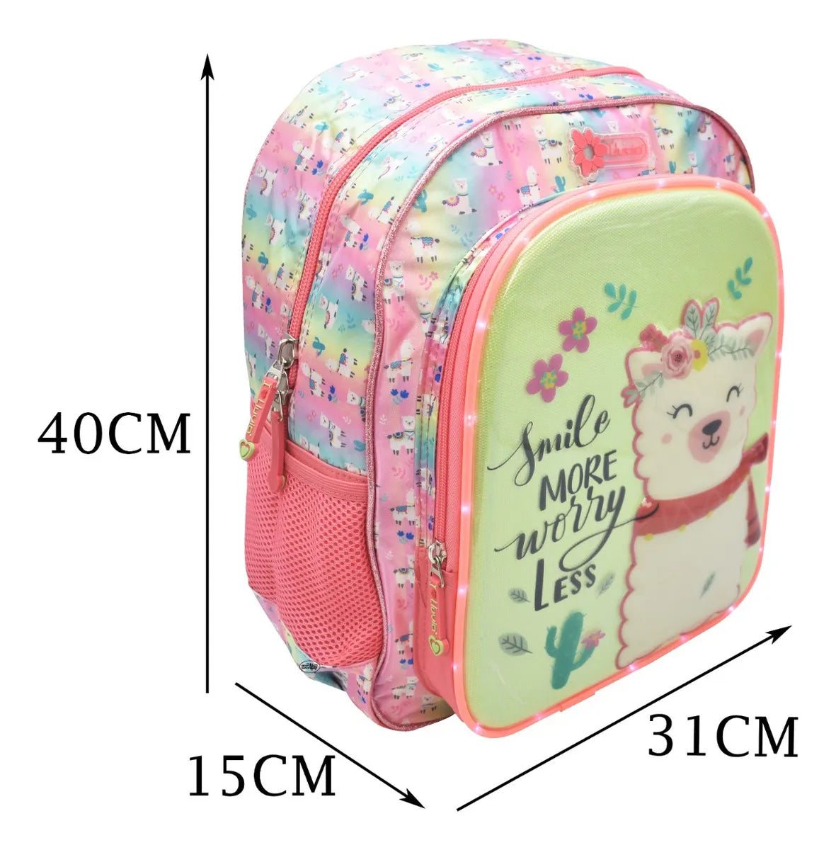 Mochila Lapicera Kit 2pz Llama Smile 3d Led Primaria Lluvia Rosa 3d