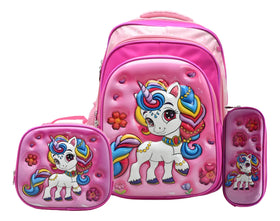 Mochila Unicornio Flores Kit 3pz Primaria Ll24bpp525 Rosa Chicle 3d
