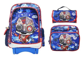 Mochila Ruedas Lonchera Lapicera Robot Primaria Lluvia Azul Estampado