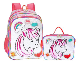 Willys Rainbow Unicorn Sequin Backpack and Lunchbox, White and Pink, Reversible Sequin