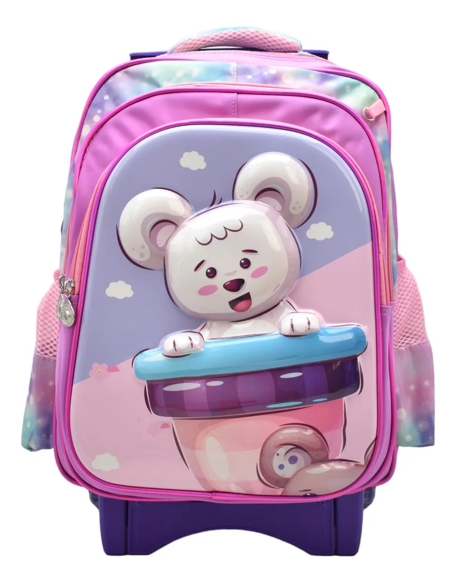 Mochila Con Ruedas Oso Blanco Kit 3pz Primaria Rosa 3d