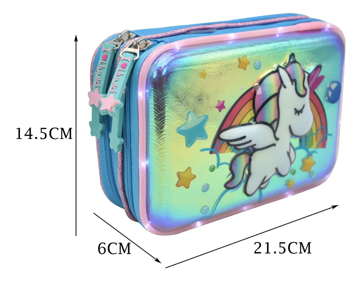 Mochila Lapicera Unicornio Arcoiris Con Luz 3d Tornasol Azul Primaria Ll20bpi08 Lluvia