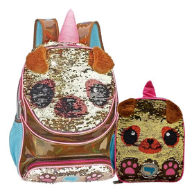 Pug Unicorn Sequin Backpack and Lunchbox, Primary School, Willys Brown Reversible Sequin