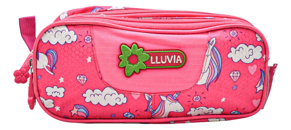 Mochila Y Lapicera Unicorn Nubes Y Estrellas Con Detalle Rosa Chicle Estampado