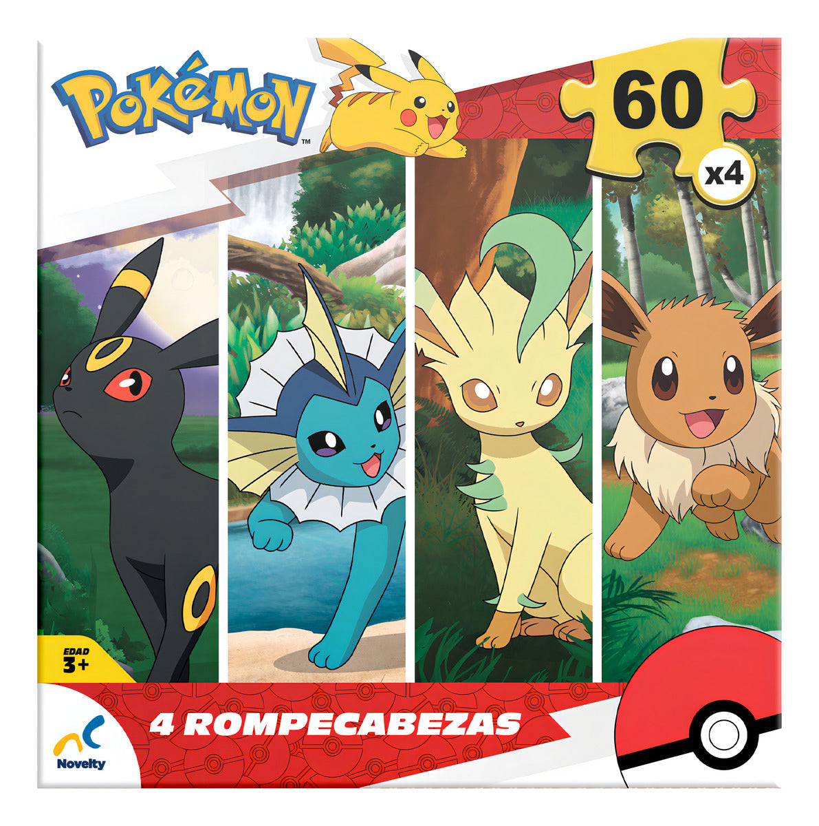 Rompecabezas 4 En 1 Pokémon Eevee 60 Pzas Caja Cartón