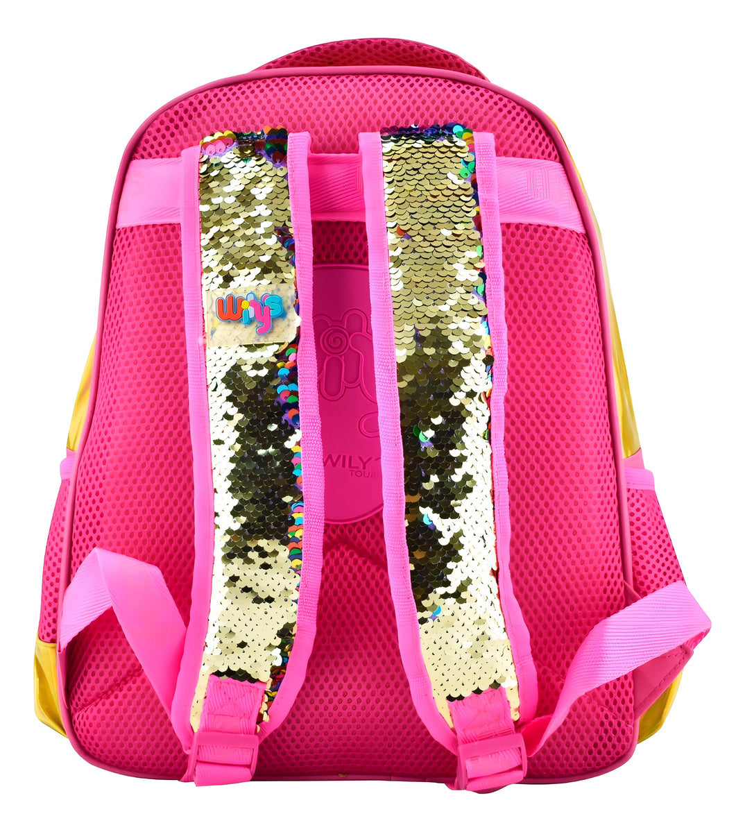 Mochila Escolar Wily's Lentejuelas 14L Dorado Rosa Con Correa Pecho