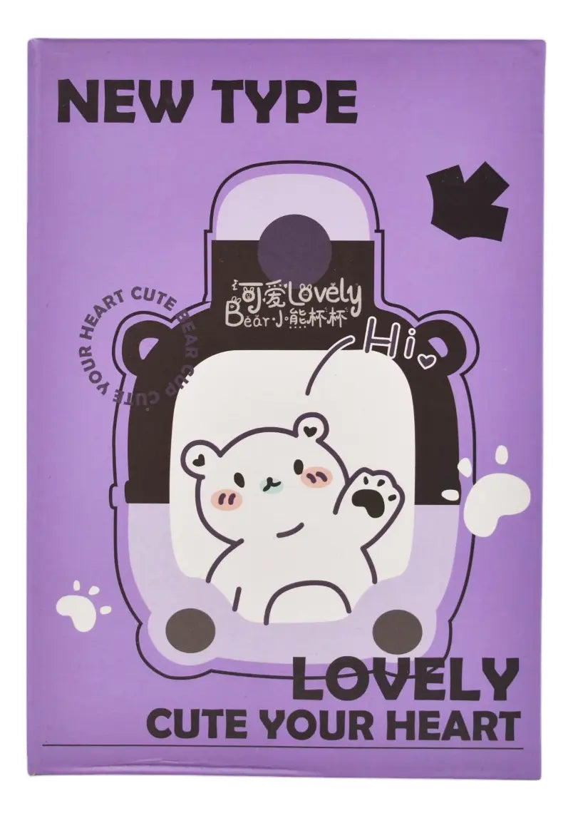 Vista frontal de la caja morada con ilustración de osito y texto Lovely.