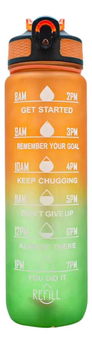 Vista frontal de la botella Refill naranja y verde con horarios impresos.