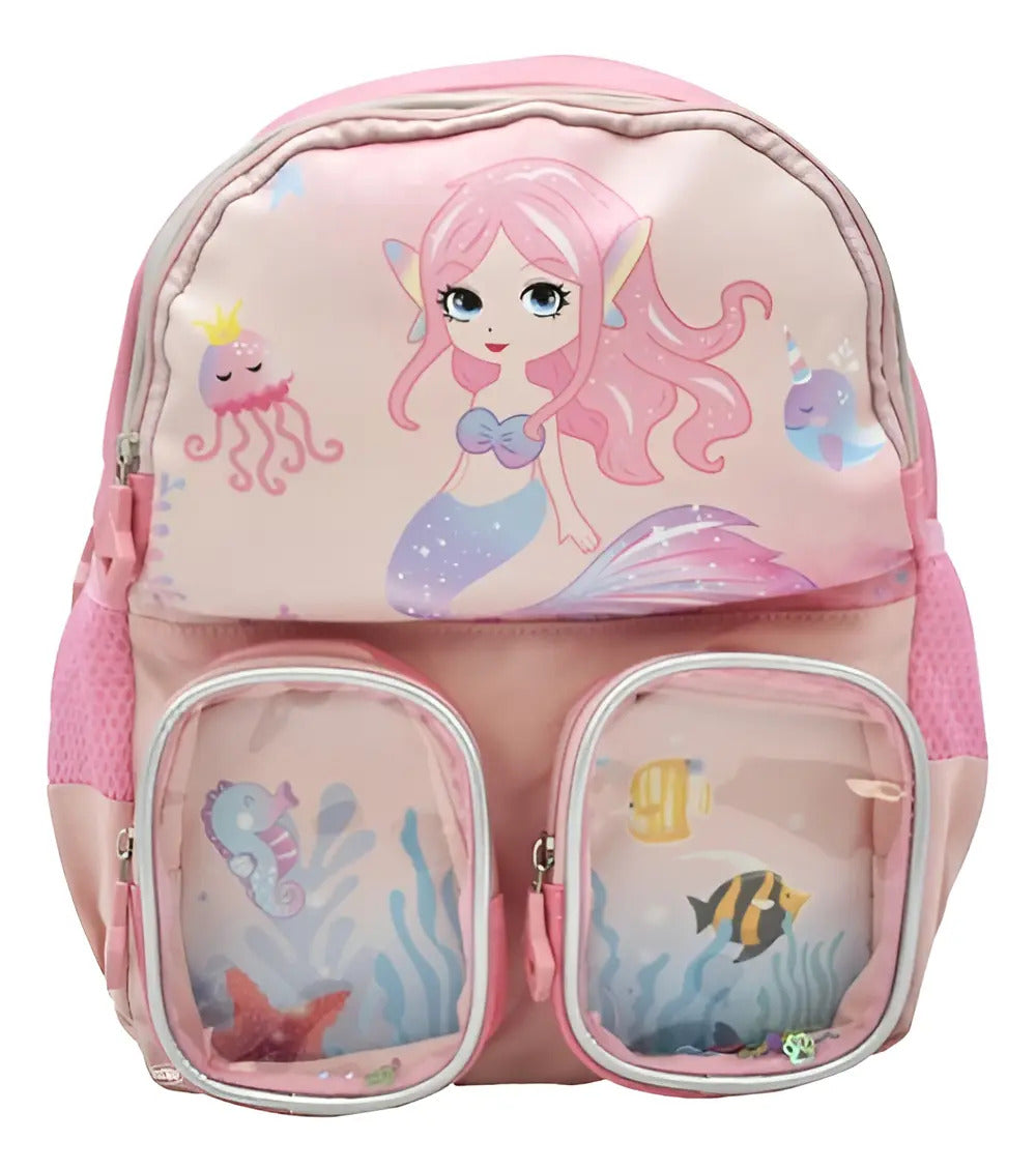 Mochila Escolar Mini Lluvia Rosa 9L Bordada Sirena Bolsillos Correa Abdominal