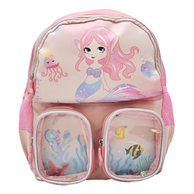 Mochila Escolar Mini Lluvia Rosa 9L Bordada Sirena Bolsillos Correa Abdominal