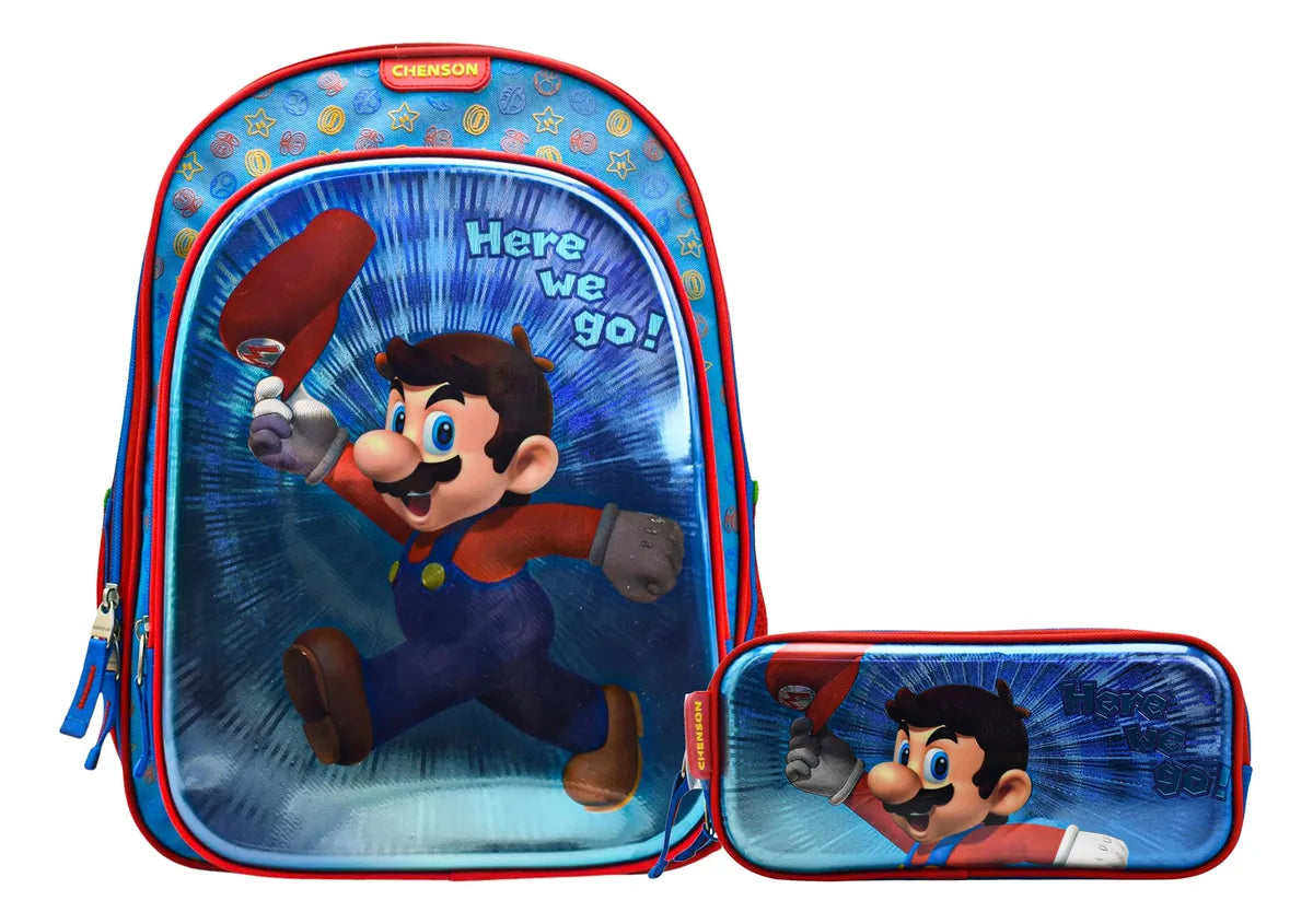 Chenson Super Mario Primary School Backpack and Pencil Case with Blue Printed Detail. Iridescent