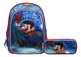 Mochila Y Lapicera Super Mario Primaria Chenson Con Detalle Azul Estampado. Tornasol