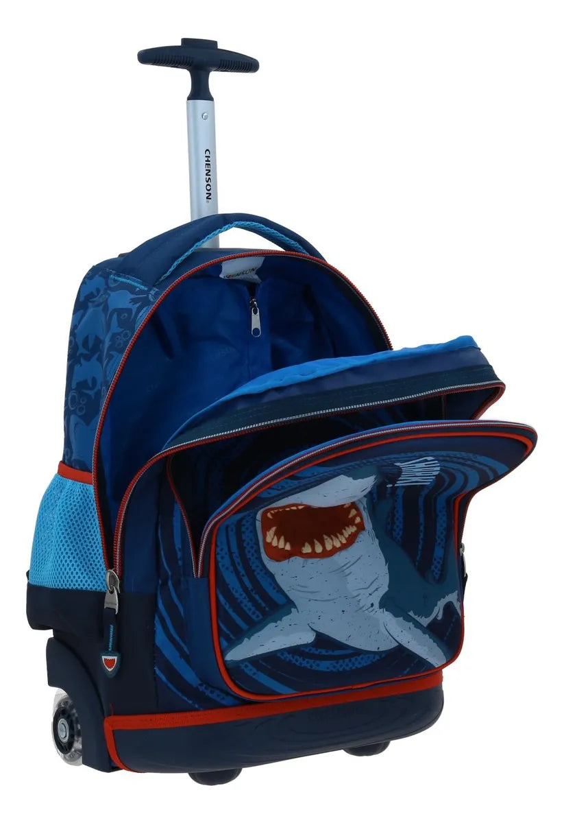 Mochila Con Ruedas Led Y Lonchera Shark Primaria Chenson Azul Impresion 3d