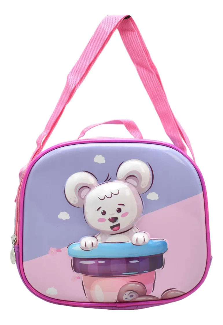Mochila Con Ruedas Oso Blanco Kit 3pz Primaria Rosa 3d