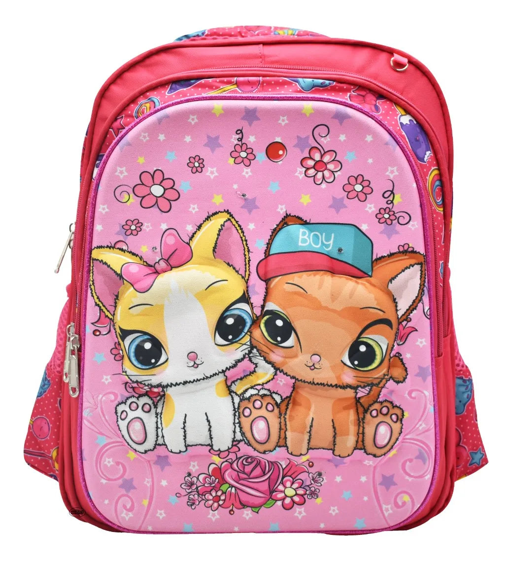 Mochila Lonchera Lapicera Gatos Con Flores 3d Rosa Primaria Rosa 3d