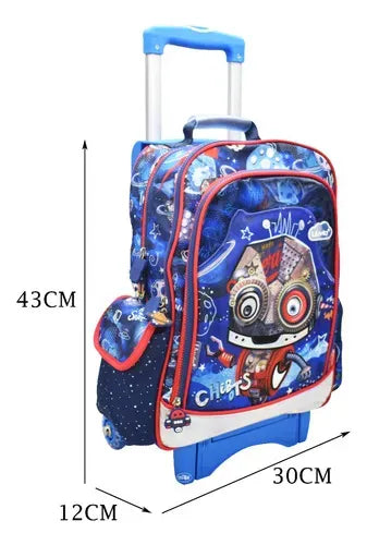 Mochila Ruedas Lonchera Lapicera Robot Primaria Lluvia Azul Estampado