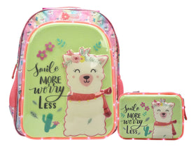 Mochila Lapicera Kit 2pz Llama Smile 3d Led Primaria Lluvia Rosa 3d