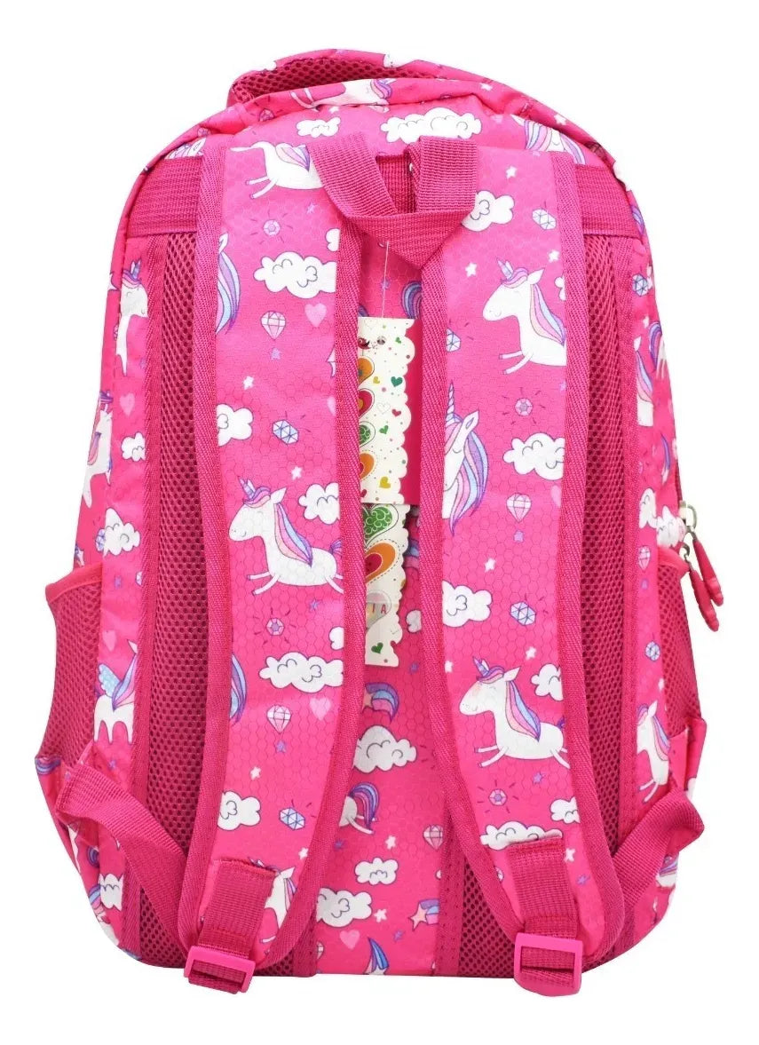Mochila Y Lapicera Unicorn Nubes Y Estrellas Con Detalle Rosa Chicle Estampado