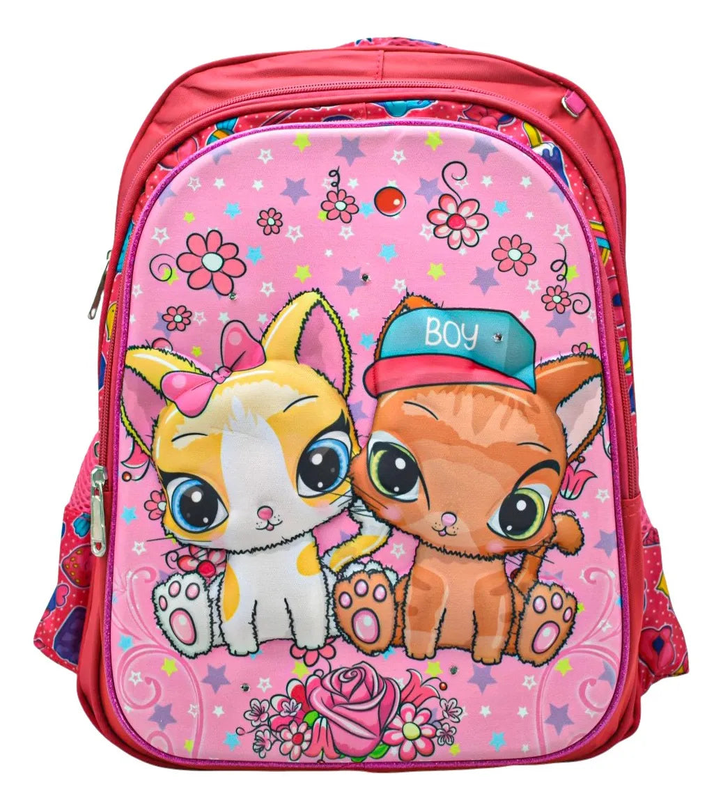 Mochila Gatos Con Flores Kit 3pz Primaria Con Detalle Rosa Impresion 3d