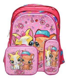 Mochila Lonchera Lapicera Gatos Con Flores 3d Rosa Primaria Rosa 3d