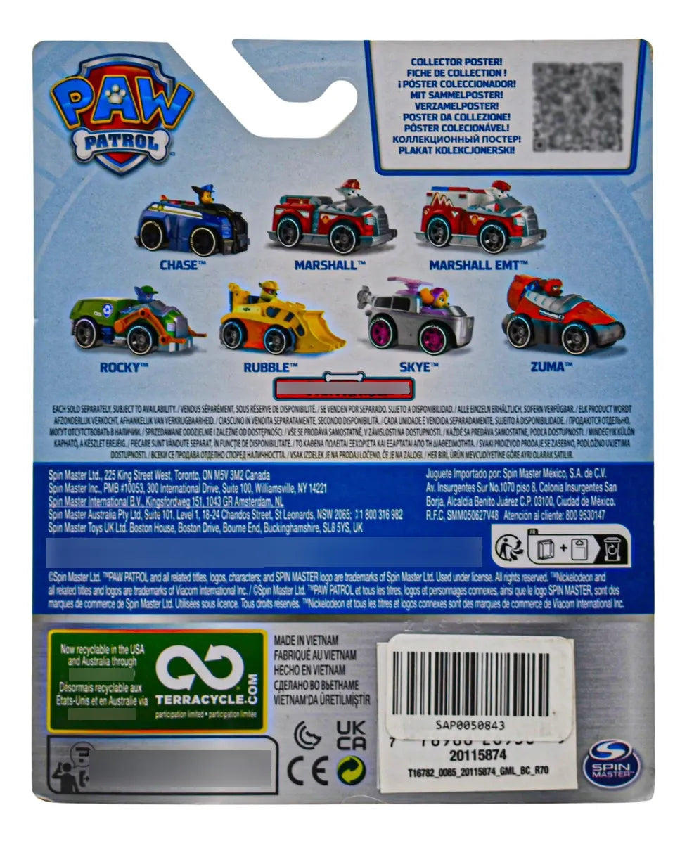 Paw Patrol Chase Llantas Blancas Metal 7cm Spin Master Cf Azul
