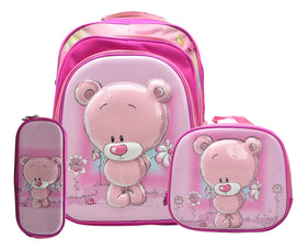 Mochila Oso Con Flores Kit 3pz Primaria Ll24bpp513 Rosa Chicle 3d