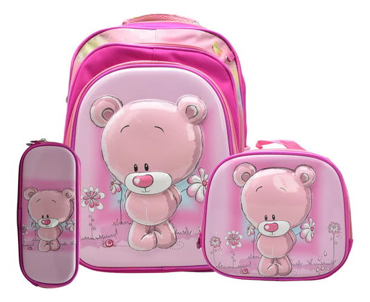Mochila Oso Con Flores Kit 3pz Primaria Ll24bpp513 Rosa Chicle 3d