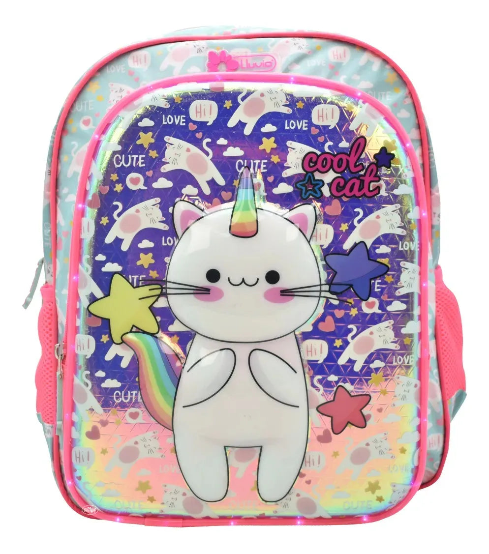 Mochila Lapicera Cool Cat Cute Luz Primaria Ll20bpi07 Lluvia Rosa 3d