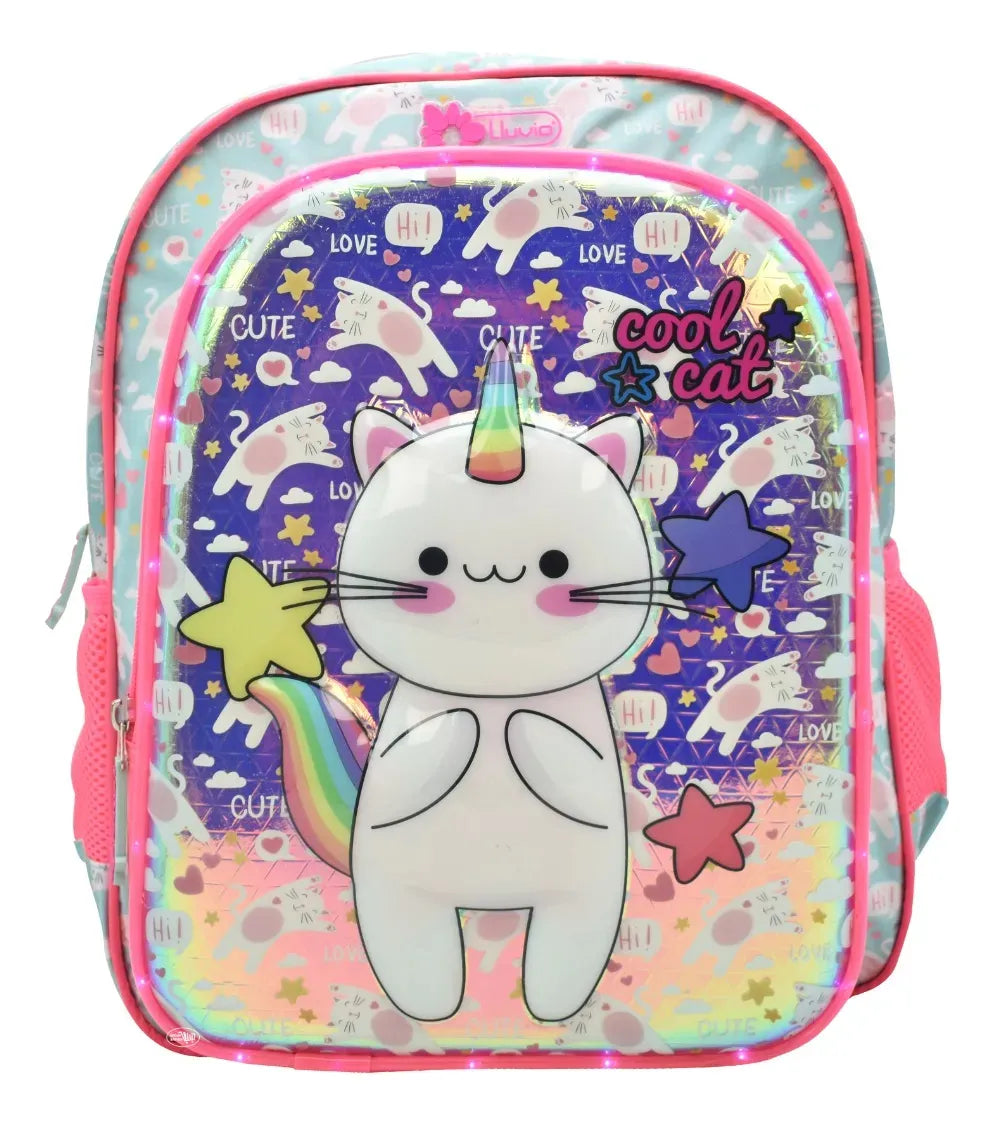 Mochila Lapicera Gato Unicornio Con Luz 3d Primaria Lluvia Rosa 3d Estampado