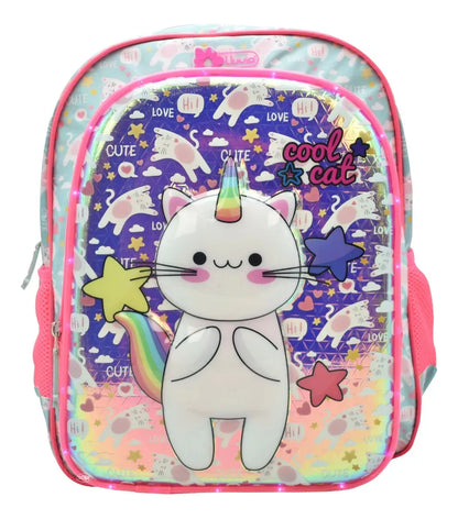 Mochila Lapicera Gato Unicornio Con Luz 3d Primaria Lluvia Rosa 3d Estampado