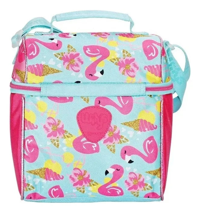 Mochila Y Lonchera Flamingo Primaria Lentejuela Wilys Azul/rosa Lentejuela, Estampado