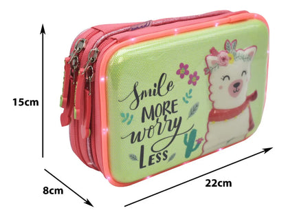 Mochila Lapicera Kit 2pz Llama Smile 3d Led Primaria Lluvia Rosa 3d
