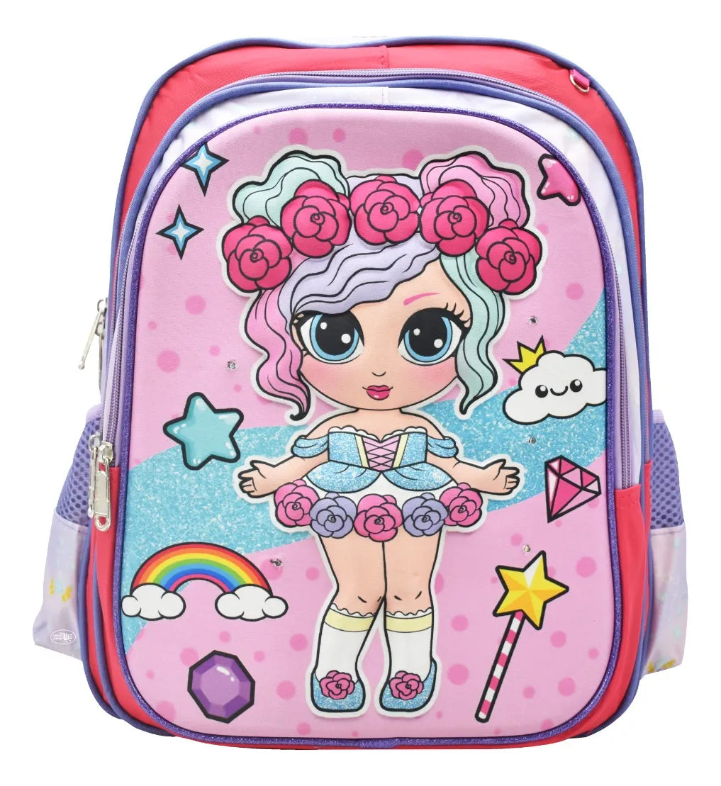 Mochila Lonchera Lapicera Muñeca Con Flores 3d Primaria Rosa Ll23bpm054 Rosa 3d
