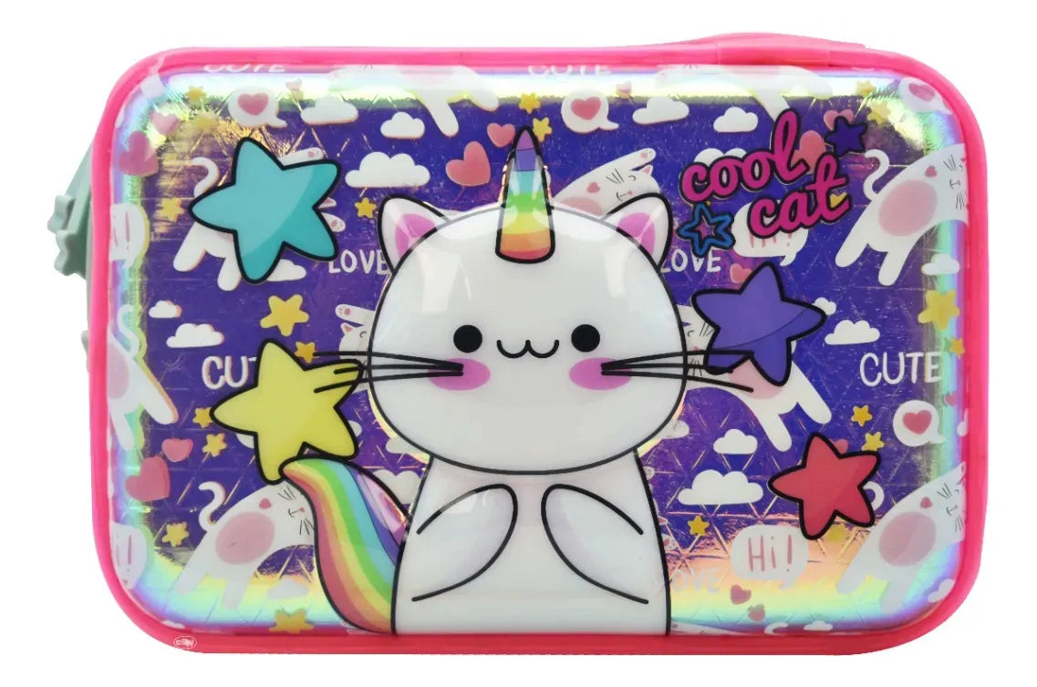Mochila Lapicera Cool Cat Cute Luz Primaria Ll20bpi07 Lluvia Rosa 3d