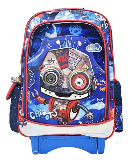 Mochila Ruedas Lonchera Lapicera Robot Primaria Lluvia Azul Estampado