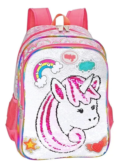 Mochila Y Lonchera Unicornio Arcoiris Lentejuela Wilys Blanco Rosa Lentejuela Reversible