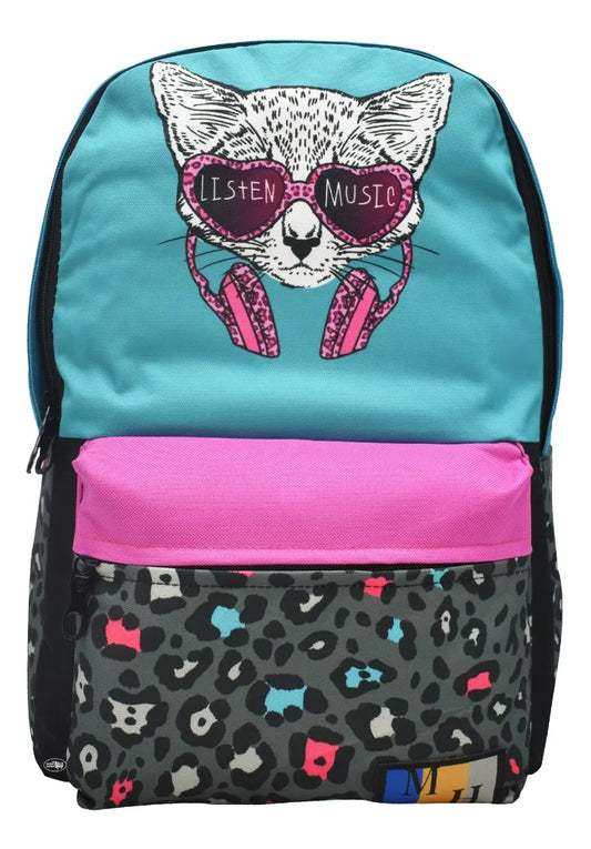 Mochila Gato Con Audifonos Listen Music Estampado Multicolor Primaria Ll20bpm02