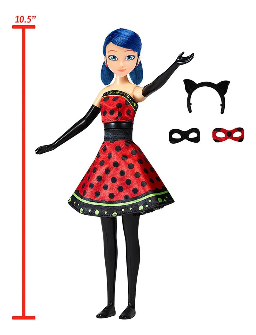 Miraculous Ladybug - Muñeca Marinette Outfit Mágico 10.5" - Con Transformación de Atuendo y Mascarilla Extraíble - Ideal para Regalo