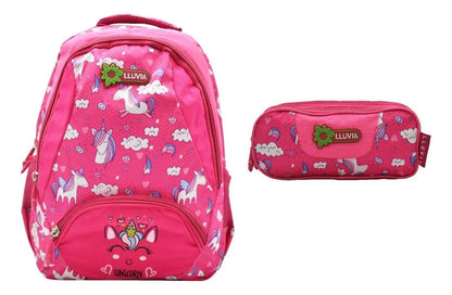 Mochila Y Lapicera Unicorn Nubes Y Estrellas Con Detalle Rosa Chicle Estampado