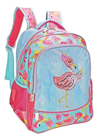 Mochila Lonchera Lapicera Flamingo Primaria Lentejuela Wilys Azul Claro Estampado