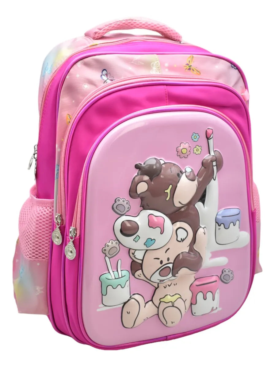 Mochila Oso Pintor Kit 3pz Primaria Ll24bpp511 Rosa Chicle 3d