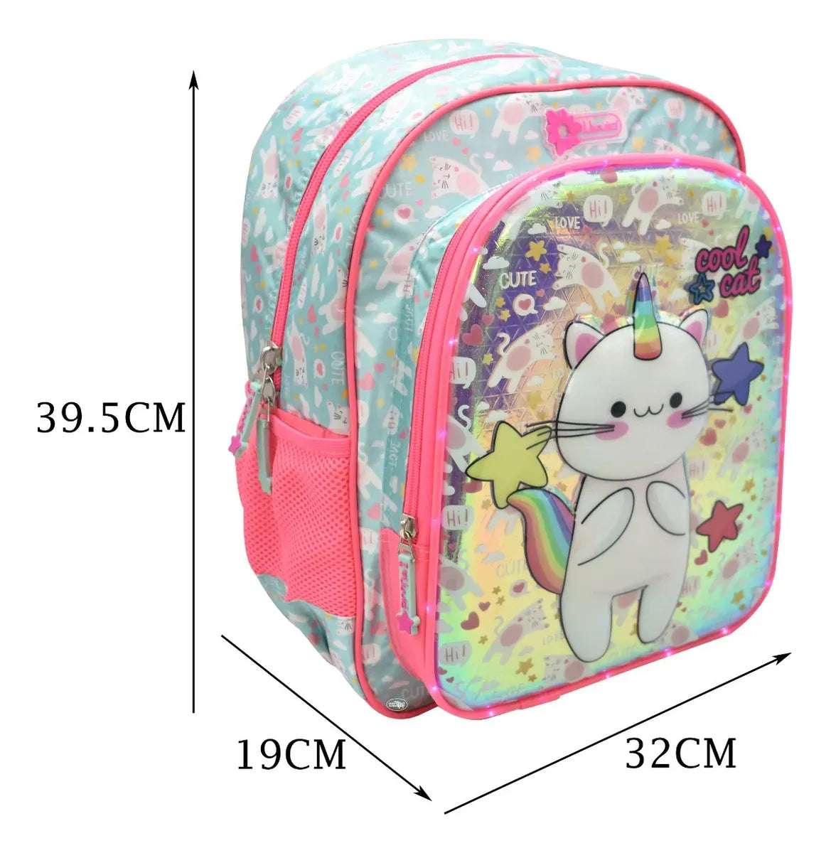 Mochila Lapicera Gato Unicornio Con Luz 3d Primaria Lluvia Rosa 3d Estampado