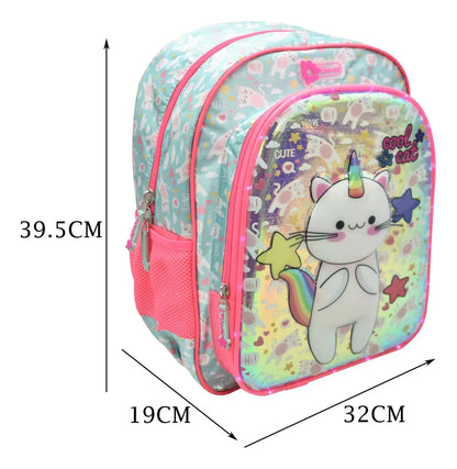 Mochila Lapicera Gato Unicornio Con Luz 3d Primaria Lluvia Rosa 3d Estampado