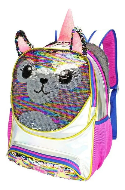 Mochila Primaria Unicornio Lentejuela Reversible Wily Wt378 Fucsia