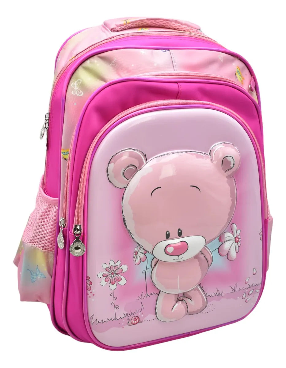 Mochila Oso Con Flores Kit 3pz Primaria Ll24bpp513 Rosa Chicle 3d