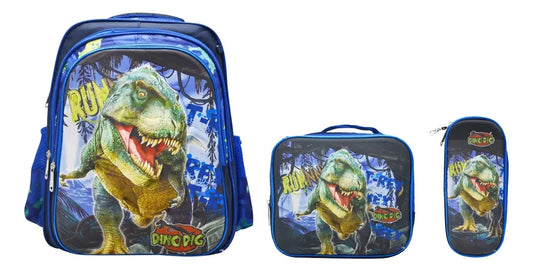 Mochila Lonchera Lapicera Dino Dig 3d Azul Primaria Azul Marino 3d
